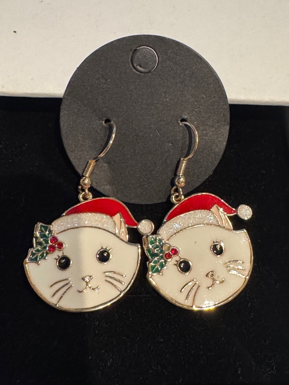 Festive Cat Santa Hat Earrings - White & Red